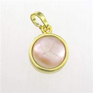 pink Paua Abalone shell pendant, circle, gold plated, approx 12mm dia