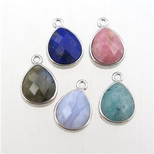 mixed gemstone pendant, teardrop, platinum plated, approx 9-11mm