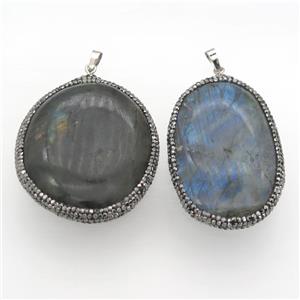 Labradorite slab pendant paved rhinestone, freeform, approx 30-55mm