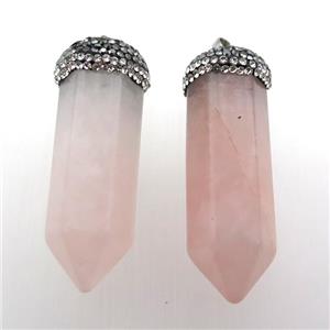 Rose Quartz bullet pendant pave rhinestone, gold plated, approx 20-50mm