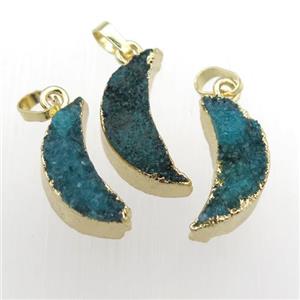 peacock blue Quartz Druzy moon pendants, gold plated, approx 10-30mm