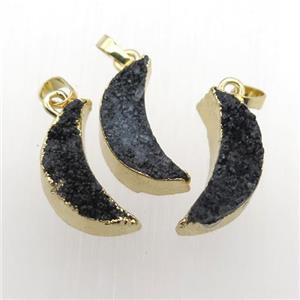 black Quartz Druzy moon pendants, gold plated, approx 10-30mm