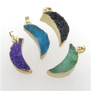 Quartz Druzy moon pendants, gold plated, mixed color, approx 10-30mm