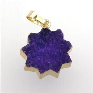 purple Druzy Quartz sunflower pendant, gold plated, approx 20mm dia