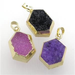 Druzy Quartz hexagon pendant, gold plated, mixed color, approx 18-25mm