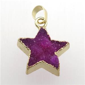 hotpink Druzy Quartz star pendant, gold plated, approx 20mm dia