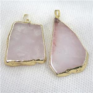 Rose Quartz slab pendant, freeform, gold plated, approx 20-60mm