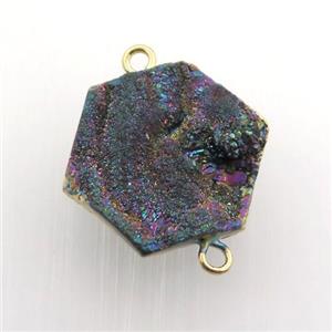 rainbow Solar Agate Druzy connector, hexagon, gold plated, approx 20mm dia