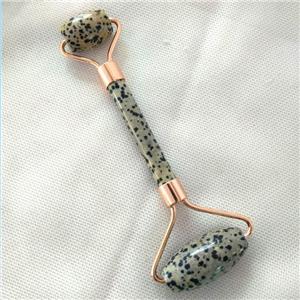 black Spotted Dalmatian Jasper Roller GuaSha Massage Tools, rose gold, approx 18-40mm, 150mm