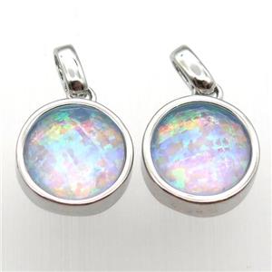 Fire Opal circle pendant, synthetic, platinum plated, approx 11mm dia