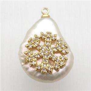 Natural pearl pendant with zircon, snowflake, approx 10-16mm