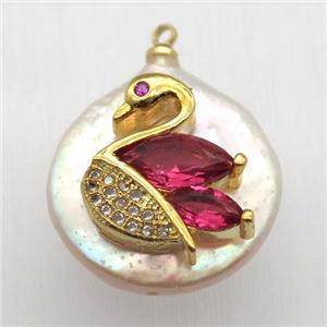 Natural pearl pendant with zircon, swan, approx 18mm dia