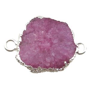 hotpink Solar Quartz Druzy slab connector, freeform, silver plated, approx 20-25mm