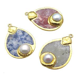 mix Gemstone teardrop pendant, gold plated, approx 28-35mm