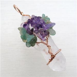 Clear Quartz Chakra Pendant Tree Of Life Wire Wrapped Rose Gold, approx 16-60mm