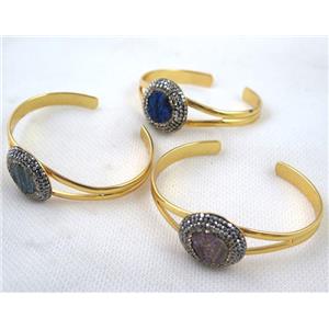 Agate Druzy cuff bangle pave rhinestone, mixed, gold plated, approx 25mm bead, 60mm