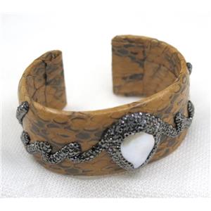 white pearl cuff bangle pave rhinestone, brown snakeskin, alloy, approx 30mm, 60mm dia