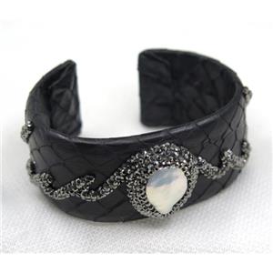 white pearl cuff bangle pave rhinestone, black snakeskin, alloy, approx 30mm, 60mm dia