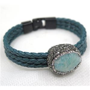 Amazonite pave rhinestone, blue PU leather cuff bracelet, approx 60mm dia