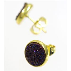 purple druzy agate earring studs, gold plated, approx 8mm dia