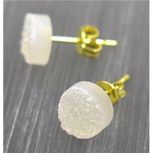 white AB-color druzy agate earring studs, gold plated, approx 8mm dia