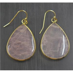 pink Rose Quartz Earring, teardrop, gold plated, approx 22-30mm