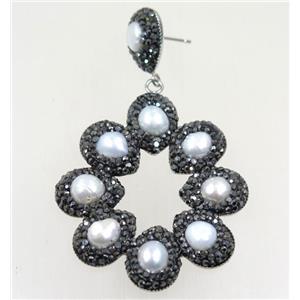 white pearl earring paved black rhinestone, approx 45mm dia