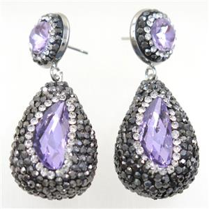 lavender Chinese Crystal Glass Earring pave rhinestone, approx 20-30mm, 14mm dia