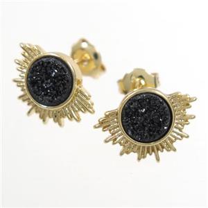 black Druzy Agate Earring Studs, gold plated, approx 7.5mm