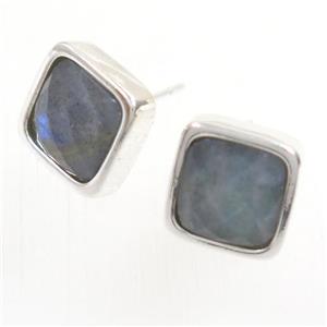 Labradorite earring studs, square, platinum plated, approx 10mm