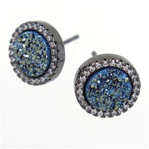 green Druzy Quartz earring studs paved zircon, circle, black plated, approx 12mm dia