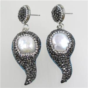 white Pearl earring paved rhinestone, comma, approx 20-40mm