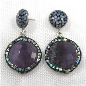 purple amethyst earrings pave abalone shell, circle, approx 13mm, 22mm dia