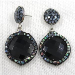 black agate earrings pave abalone shell, circle, approx 13mm, 22mm dia