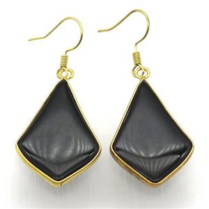 black cat eye glass teardrop Hook Earring, gold plated, approx 20-32mm