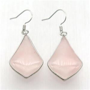 Rose Quartz teardrop Hook Earring, platinum plated, approx 20-32mm