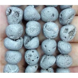 druzy agate beads, freeform, silver plated, approx 6-10mm, 15.5 inches length