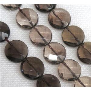 smoky quartz bead, faceted flat round, approx 10mm dia