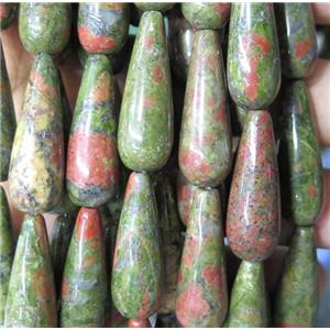 green unakite teardrop beads, approx 10x30mm