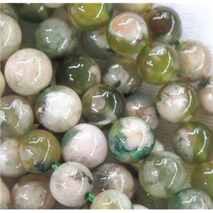 round Cherry blossom sakura Agate beads, green, approx 14mm dia