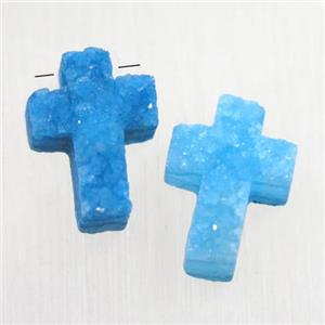 blue Druzy Quartz cross pendant, approx 10-14mm