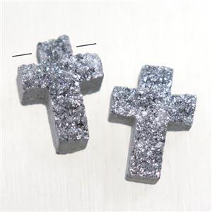 silver Druzy Quartz cross pendant, approx 10-14mm