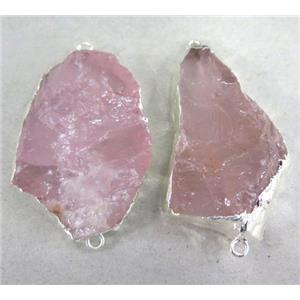 Rose Quartz Connector, freeform, silver plated, approx 15-40mm