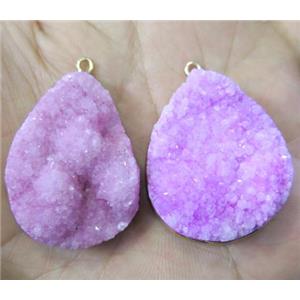 pink druzy quartz pendant, teardrop, approx 20-35mm