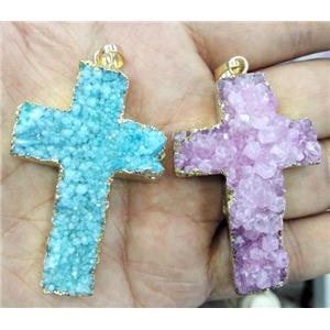 druzy quartz cross pendant, mixed color, gold plated, approx 34-50mm