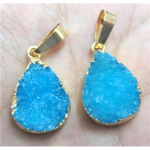 blue druzy quartz pendant, teardrop, approx 13-20mm