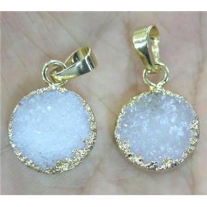 white druzy quartz pendant, flat-round, gold plated, approx 15mm dia