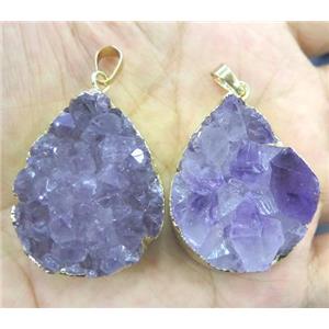 Amethyst druzy pendant, teardrop, gold plated, approx 20-30mm