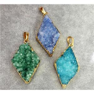 druzy quartz pendant, rhombic, gold plated, approx 20-30mm