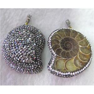 ammonite fossil pendant with rhinestone, approx 25-45mm